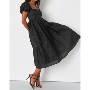 NWT Lulus Adorable Mood Black Floral Jacquard Puff Sleeve‎ Babydoll Dress Large